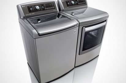 Side view of LG top-load washing machine and front-load dryer with projected control panel