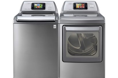 Front view of LG top-load washing machine and front-load dryer with projected control panel