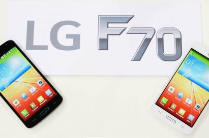 LG F70s in black color and white color are lying on the panel with the logo of LG L90 on.