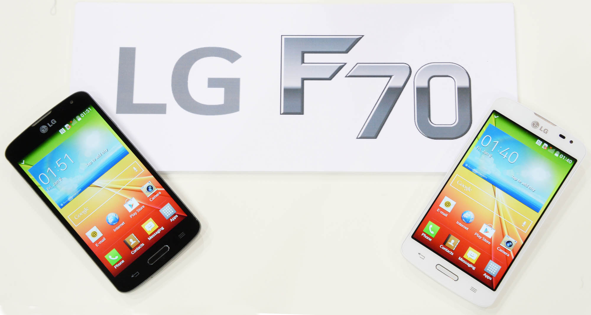 LG F70s in black color and white color are lying on the panel with the logo of LG L90 on.