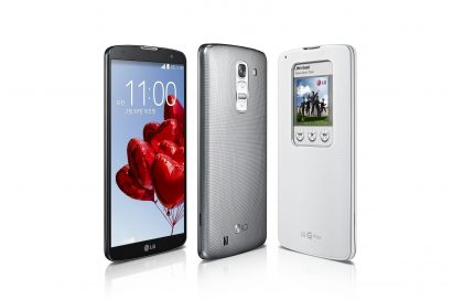 From left to right; A front view of the LG G Pro 2 in Titan Black, a rear view of the silver version, and the LG G Pro 2 using a white smartphone case.