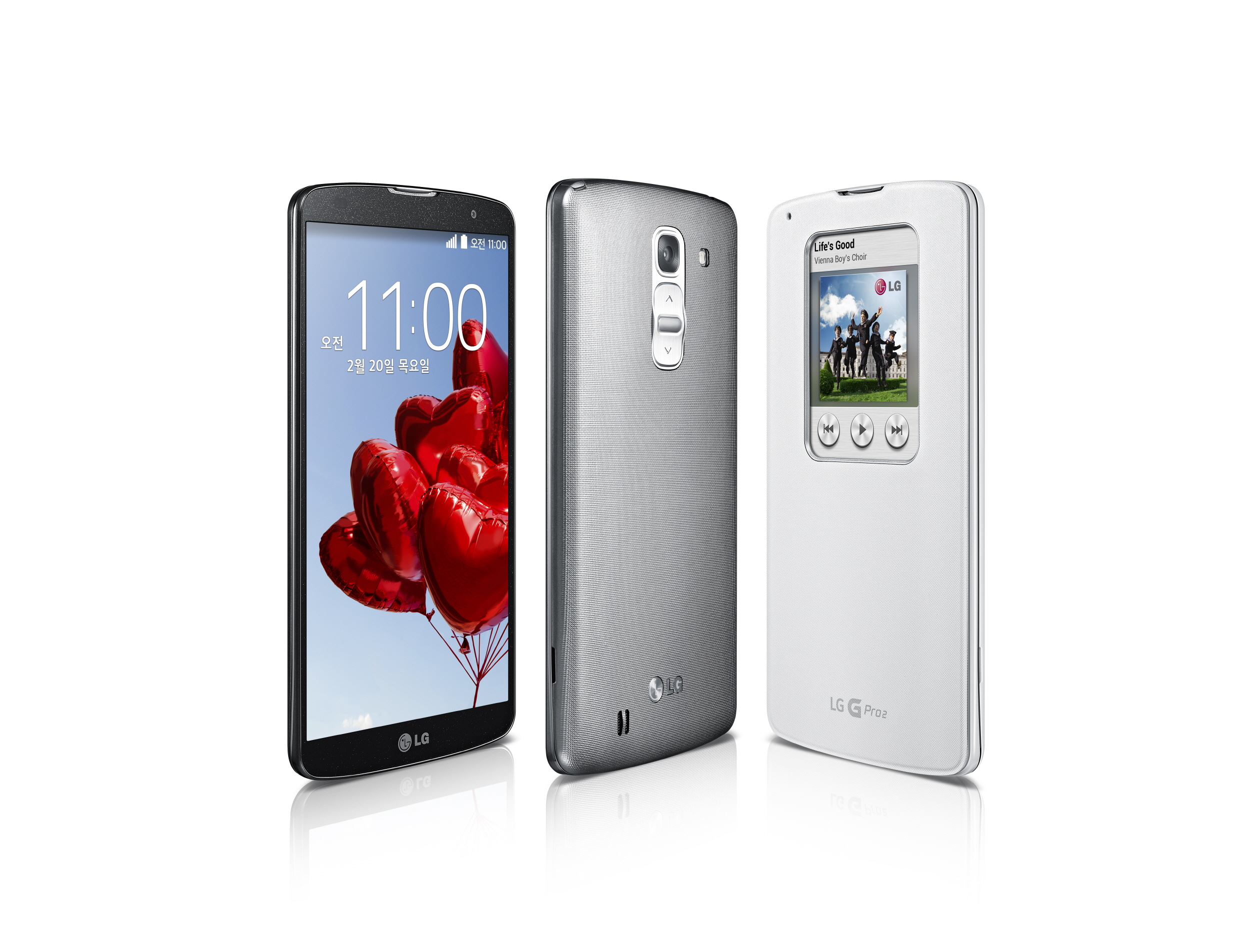 From left to right; A front view of the LG G Pro 2 in Titan Black, a rear view of the silver version, and the LG G Pro 2 using a white smartphone case.