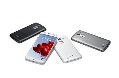 Three rear views of the LG G Pro 2 in Titan Black, White and Silver, with a front view of the white variation in front.
