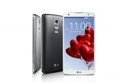A side, rear and front view of the LG G Pro 2 in Silver, Titan Black and White.