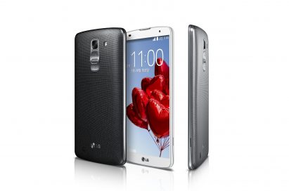 A side, rear and front view of the LG G Pro 2 in Silver, Titan Black and White.