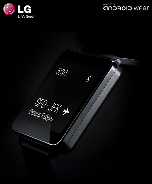 A side view of the Titan Black LG G Watch’s display showing the user’s flight departure details.