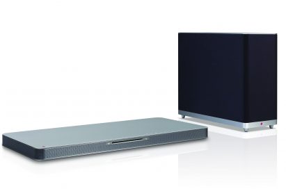 Left-side view of LG SoundPlate model LAB540 with a wireless subwoofer by its side