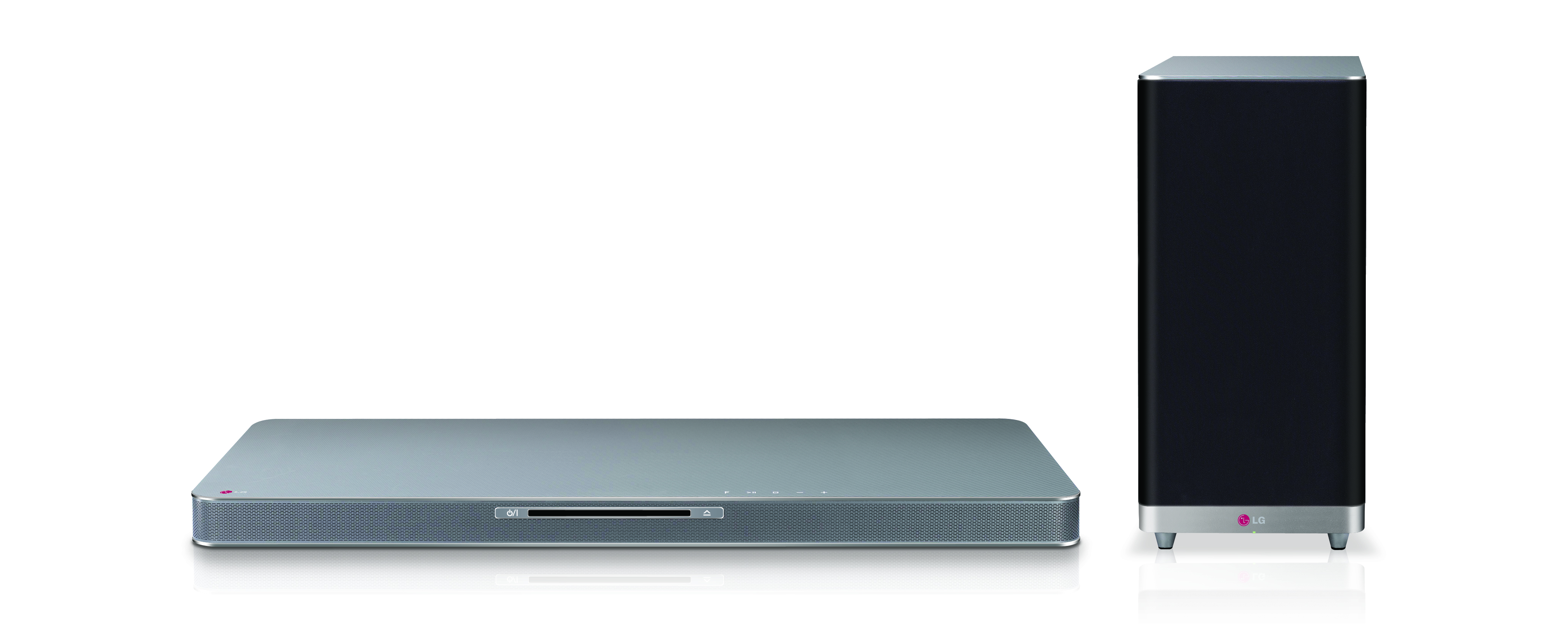 Front view of LG SoundPlate model LAB540 with a wireless subwoofer by its side