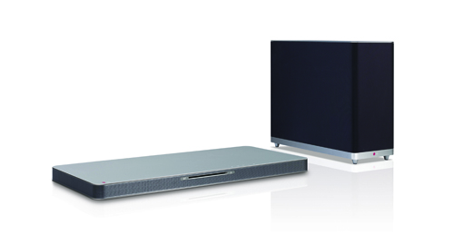 Left-side view of LG SoundPlate model LAB540 with a wireless subwoofer by its side.