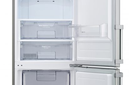 LG refrigerator with Inverter Linear Compressor with door open. It’s empty.