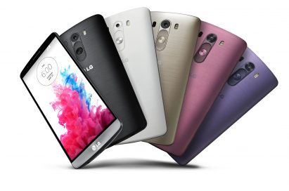 From left to right; A front view of LG G3 in Metallic Black color, back views of LG G3s in Metallic Black, Silk White, Shine Gold, Burgundy Red and Moon Violet.
