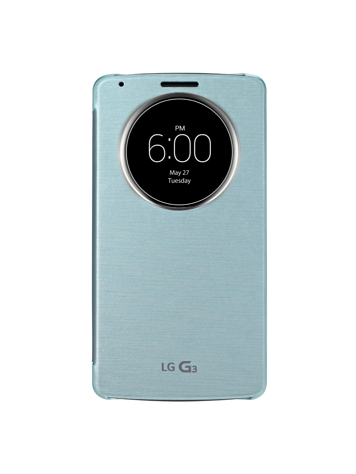 A front view of LG G3 wearing QuickCircleTM case in Aqua Mint color.