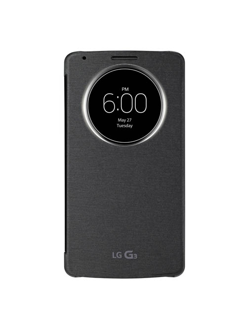 A front view of LG G3 wearing QuickCircleTM case in Metallic Black color.