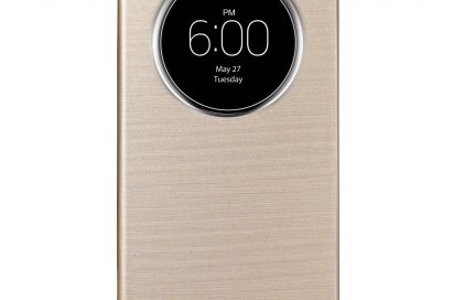 A front view of LG G3 wearing QuickCircleTM case in Shine Gold color.