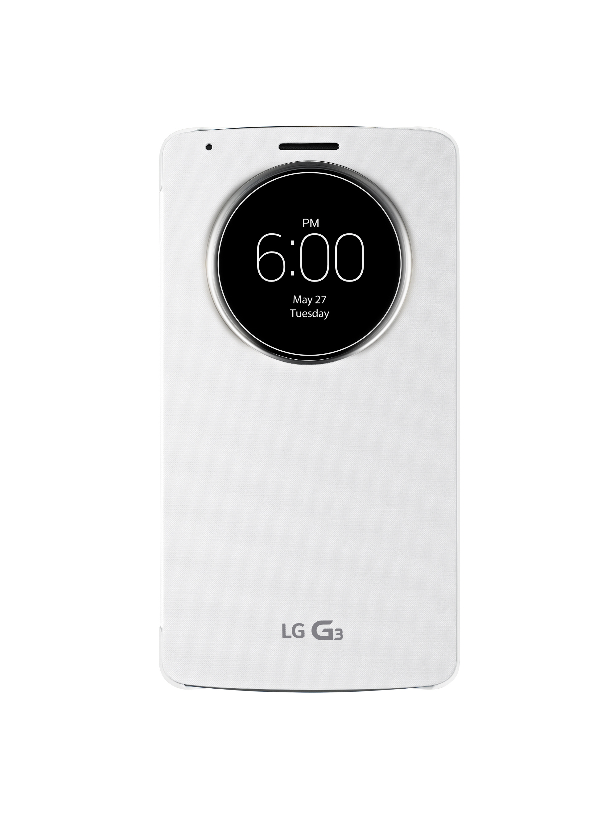 A front view of LG G3 wearing QuickCircleTM case in Silk White color.