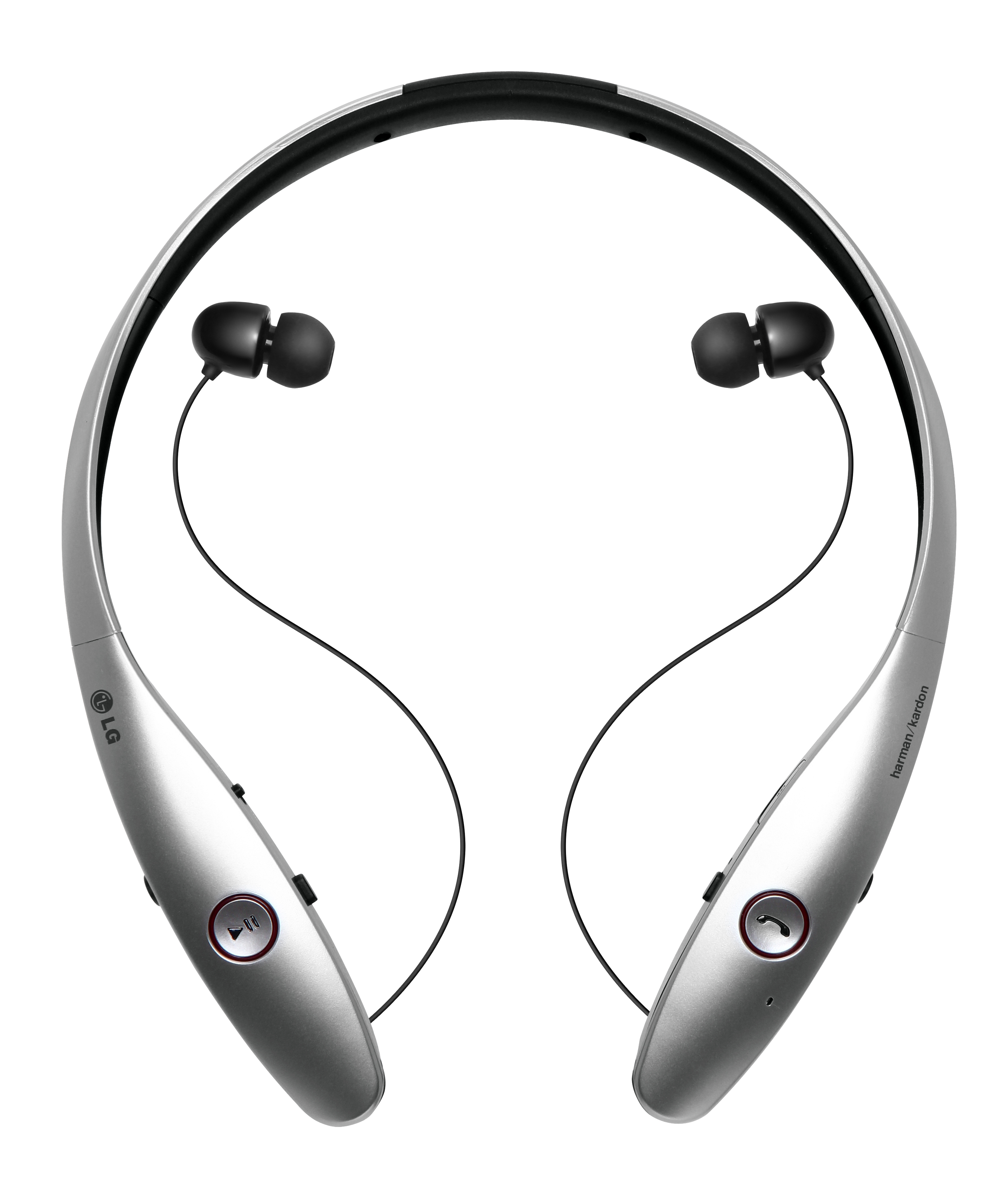 A front view of LG Tone InfinimTM (HBS-900) with its earphones pulled out.