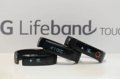 Three LG Lifeband Touchs displaying different features on the OLED screens