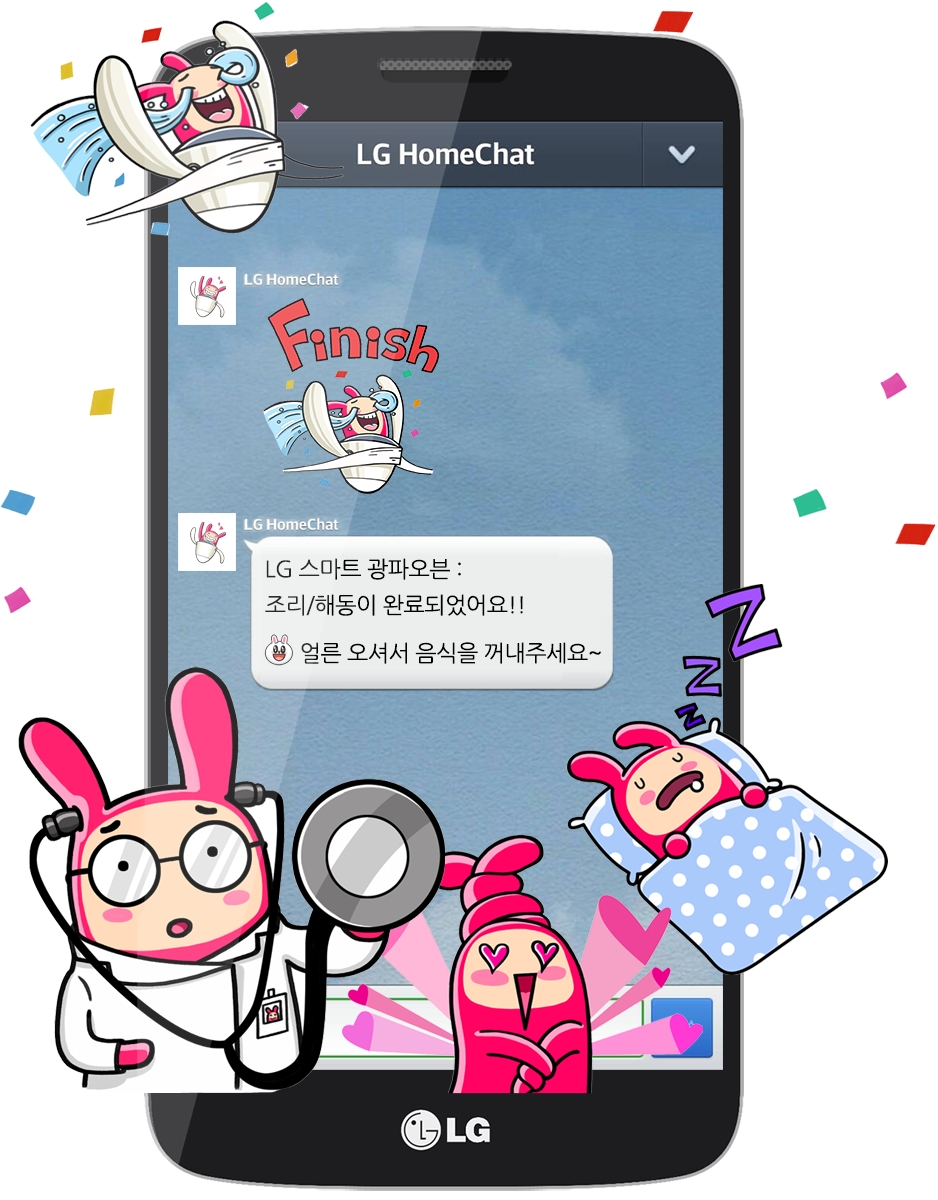A smartphone showing chat window with LG HomeChat™. LG HomeChat™ informs user LG smart oven has completed its work with an emoji saying ‘finish.’ The smartphone also showing LG HomeChat™’s various emojis diagnosing, sleeping and expressing love.