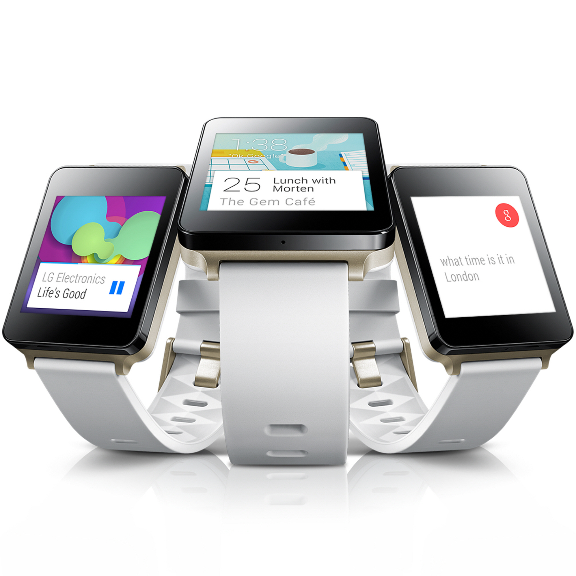 Three LG G Watches in White Gold color – each shows the music being played, user’s lunch schedule and the time in London.