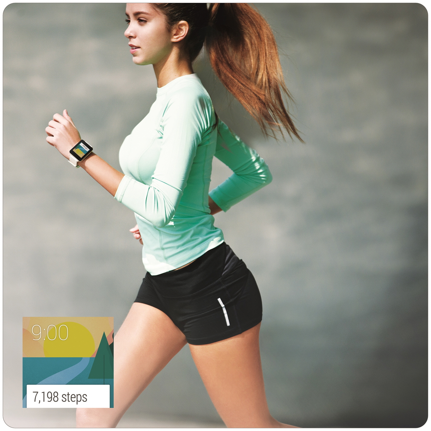 A woman runs while wearing the LG G Watch in White Gold, with a small screenshot of watch’s display tracking her steps.
