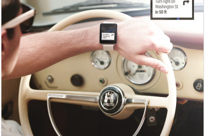 A man wearing the LG G Watch in White Gold while driving, with a small screenshot of the watch’s display showing directions.