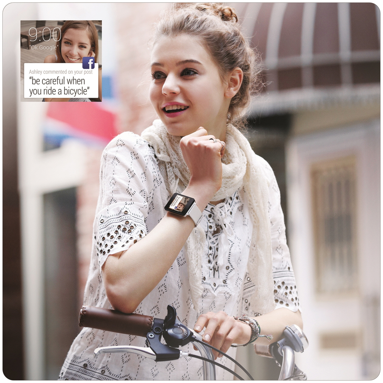 A woman wearing the LG G Watch in White Gold rides her bicycle, with a screenshot of the watch’s displaying Facebook comments such as, “be careful when you ride a bicycle.”
