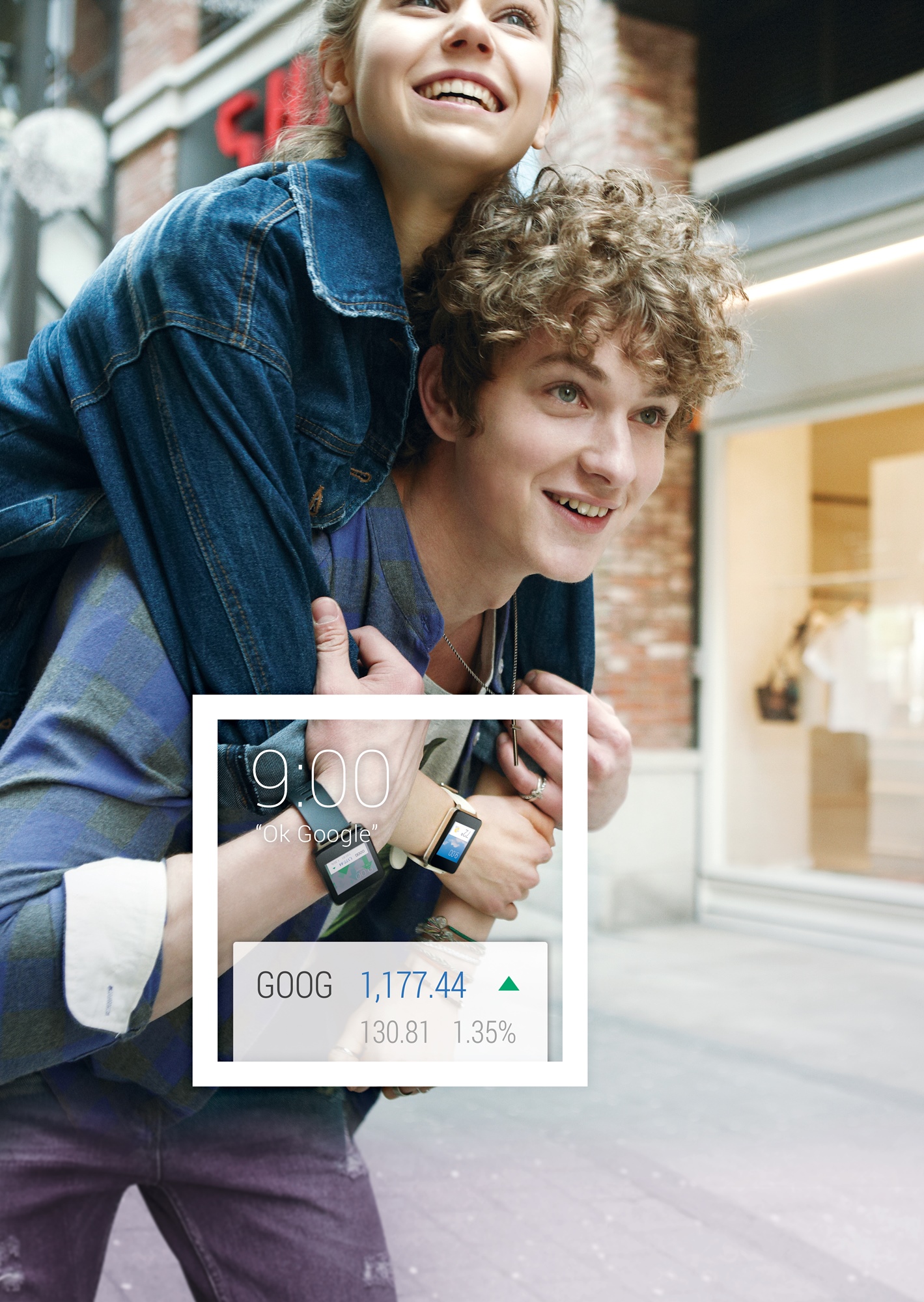 A man carrying a woman on his back while their LG watches show information in Google stocks.
