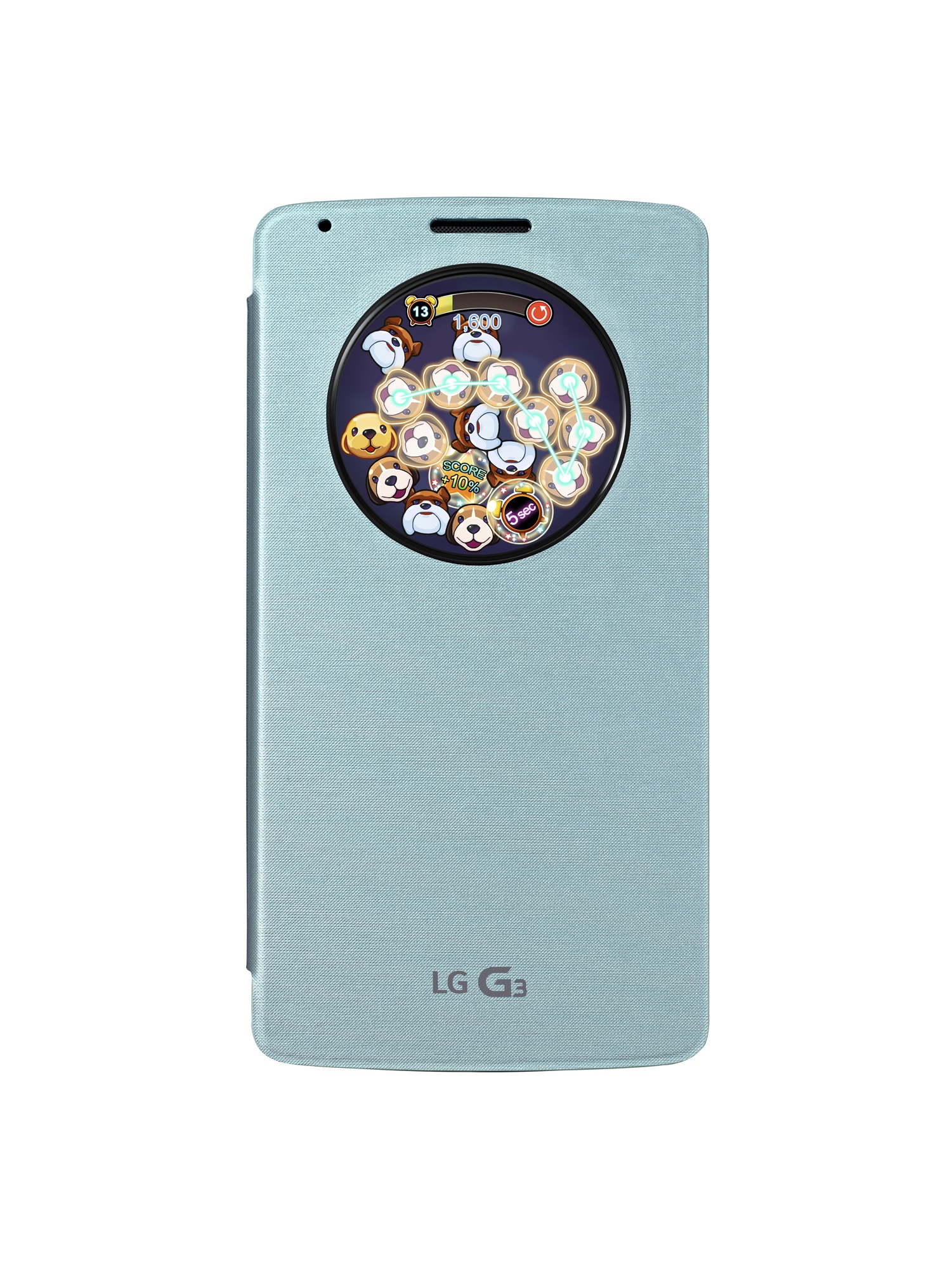 A front view of the G3 with QuickCircleTM Case in Aqua Mint color showing the screen of a game through the open window.