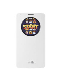 A front view of the G3 with QuickCircleTM Case in Silk White color showing the start screen of a game through the open window.