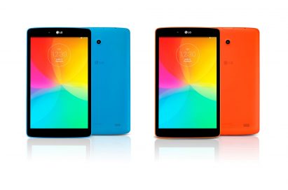 From left to right; A front view and a back view of LG G Pad 8.0 LTE in Luminous Blue color. A front view and a back view of LG G Pad 8.0 LTE in Luminous Orange color.