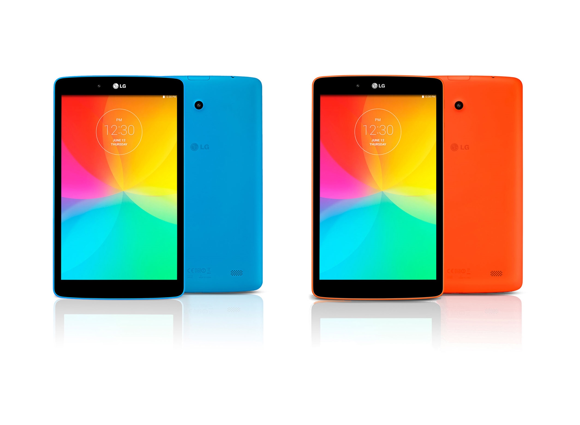 From left to right; A front view and a back view of LG G Pad 8.0 LTE in Luminous Blue color. A front view and a back view of LG G Pad 8.0 LTE in Luminous Orange color.