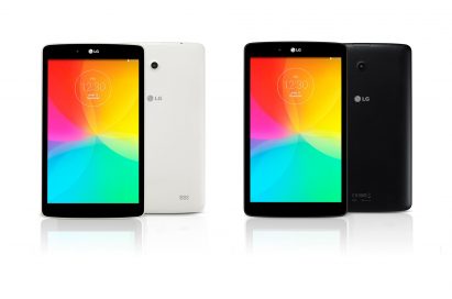 From left to right; A front view and a back view of LG G Pad 8.0 LTE in white color. A front view and a back view of LG G Pad 8.0 LTE in black color.
