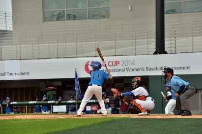 One of the players is about to hit the ball.