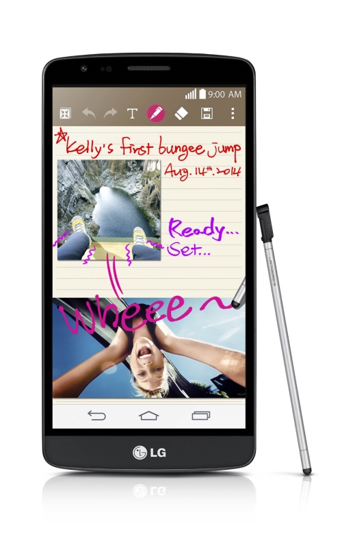 A screen of a LG G3 Stylus showing the QuickMemo function and its pen are standing on a table.