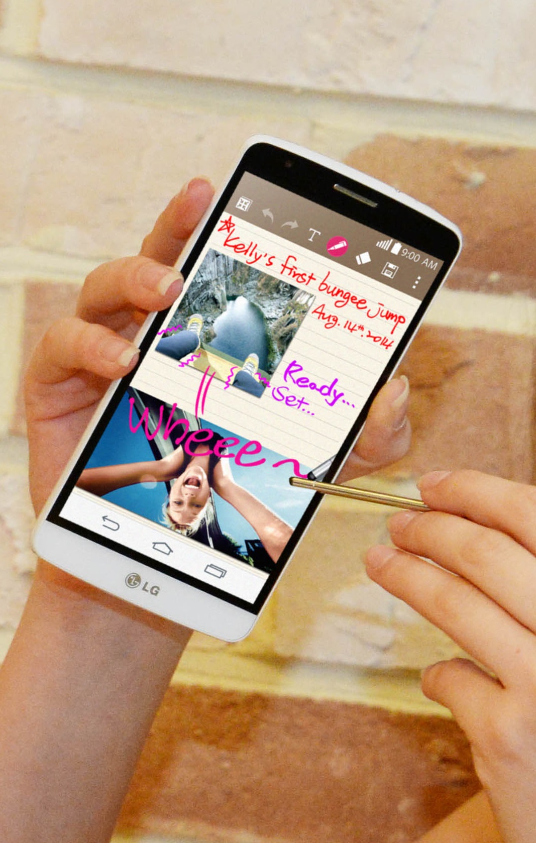 A person is writing something on the screen of LG G3 Stylus with its pen.