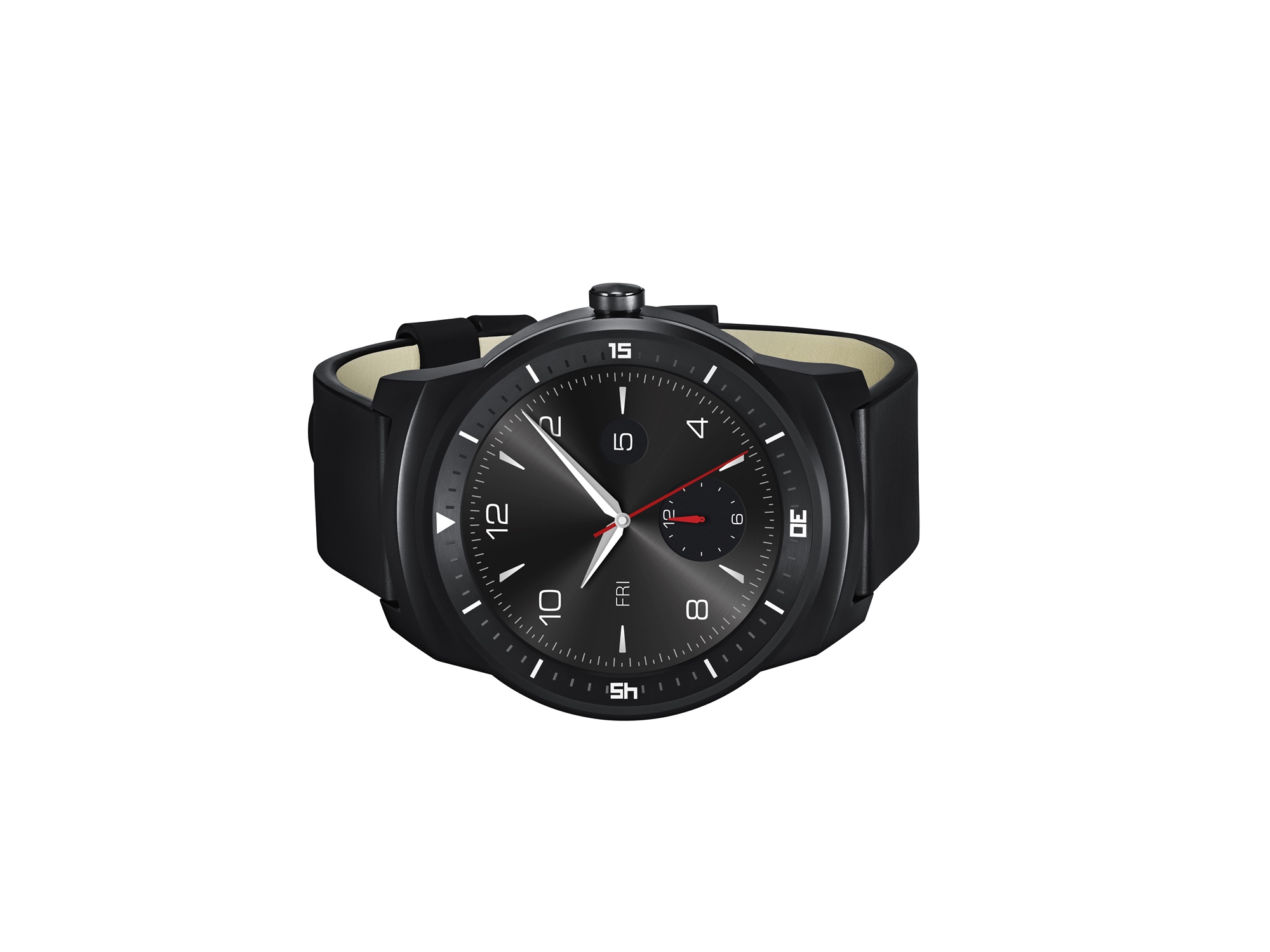 A front view of a LG G Watch R lying on its side.