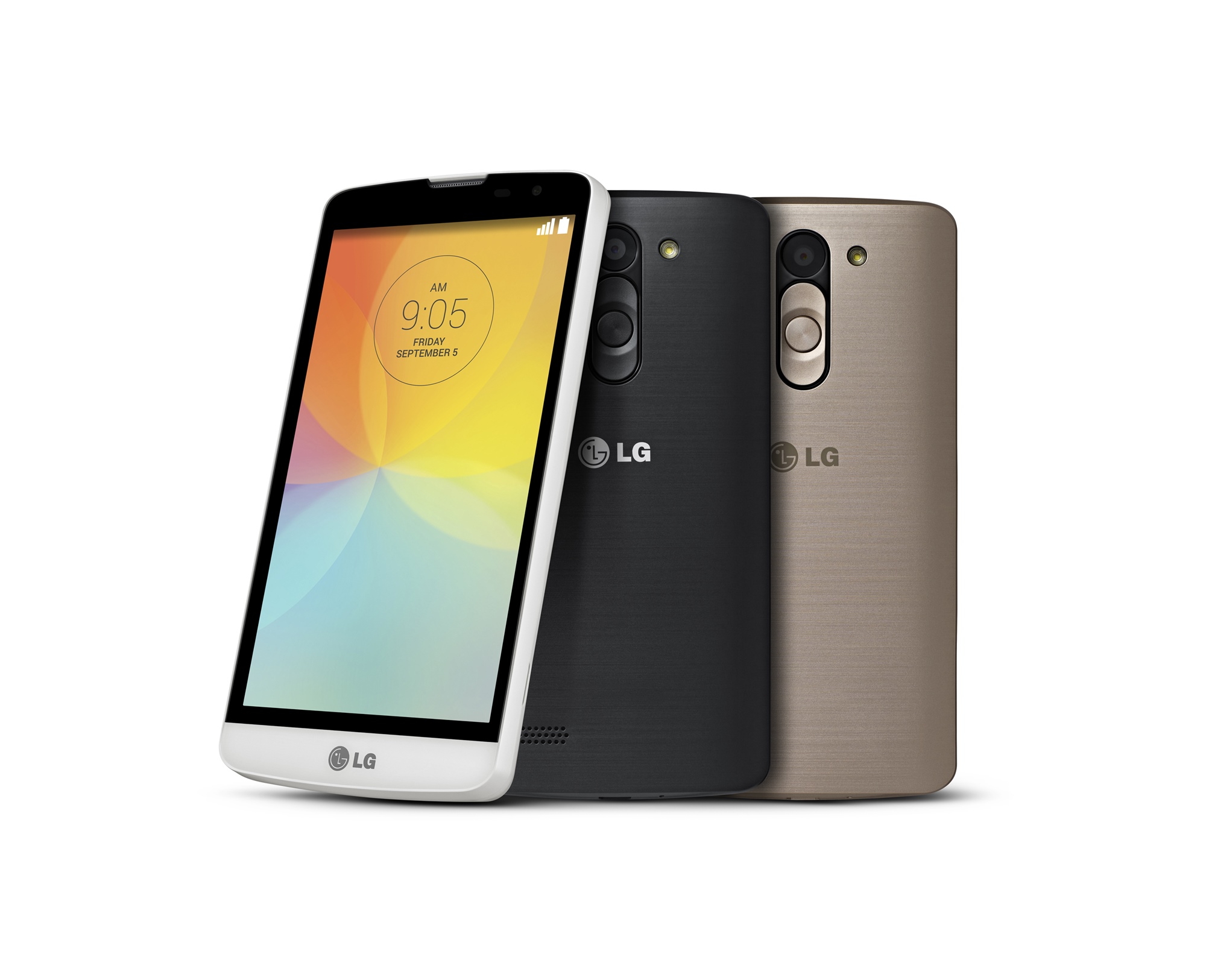 Front and rear views of LG’s L Bello in white, black and silver.