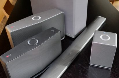 LG Music Flow Speaker models, H3, H5 and H7, with Soundbar model HS6 and Network Bridge model R1