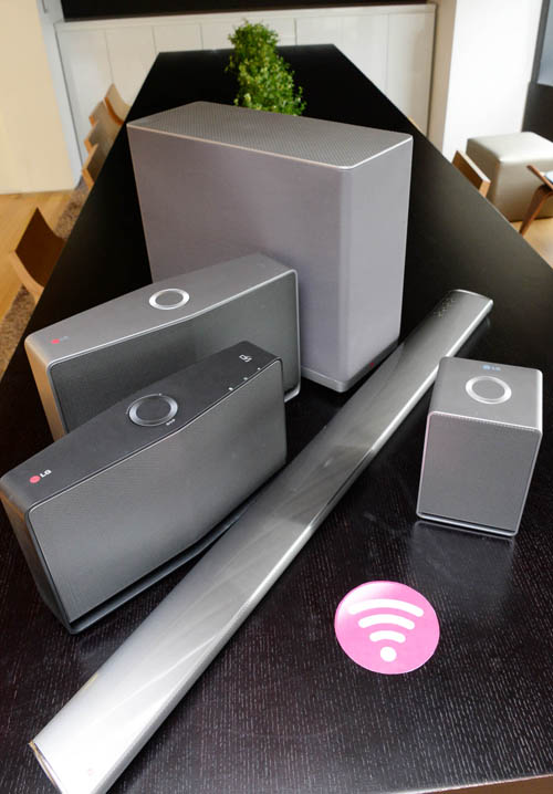 LG Music Flow Speaker models, H3, H5 and H7, with Soundbar model HS6 and Network Bridge model R1.