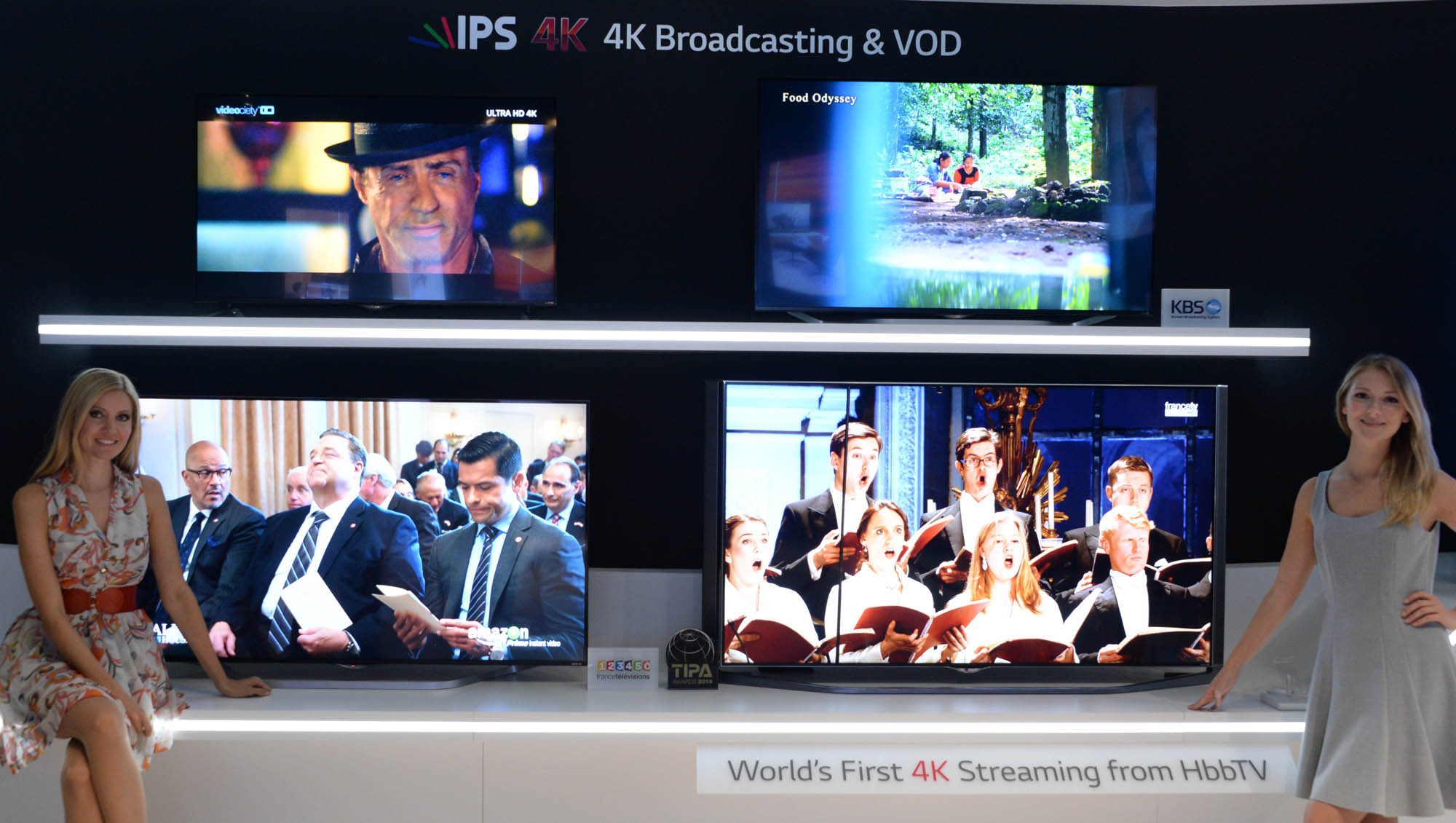 Models present LG’s Hybrid Broadcast Broadband TV (HbbTV).