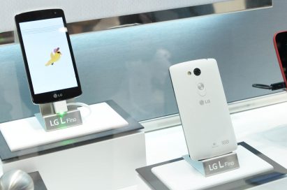 A back and front view of the L Fino smartphone.