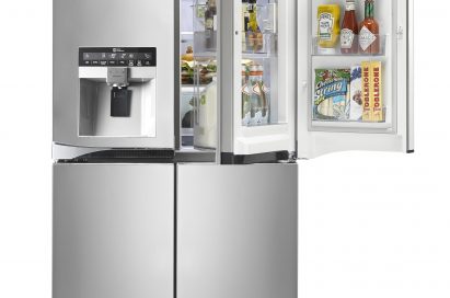 LG Multi-Door refrigerator with water dispenser (GMJ916NSHV.) The Upper-right door is open to show off its Door-in-Door feature and the various foods, bottles of sauces and snacks it can store.