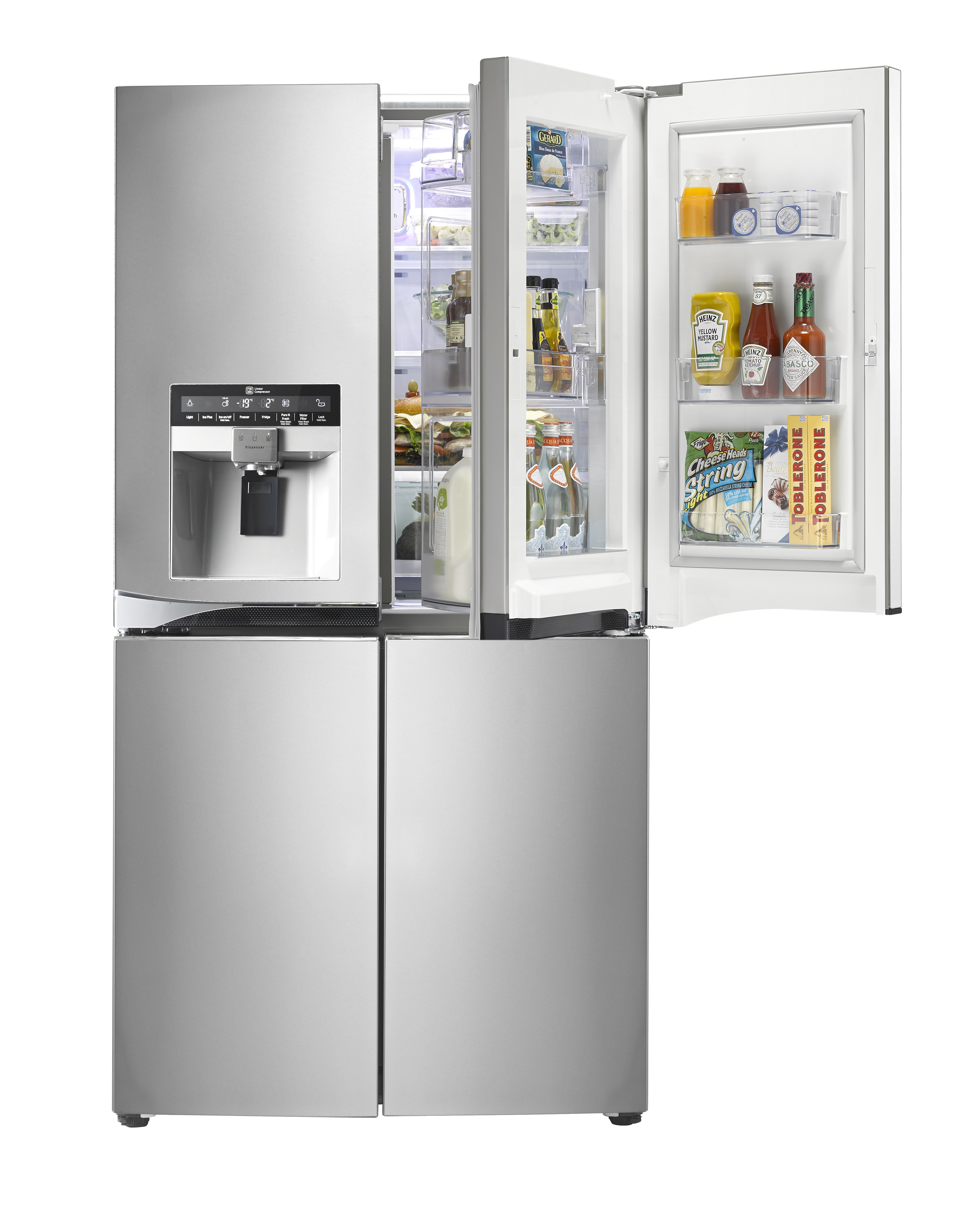 LG Multi-Door refrigerator with water dispenser (GMJ916NSHV.) The Upper-right door is open to show off its Door-in-Door feature and the various foods, bottles of sauces and snacks it can store.