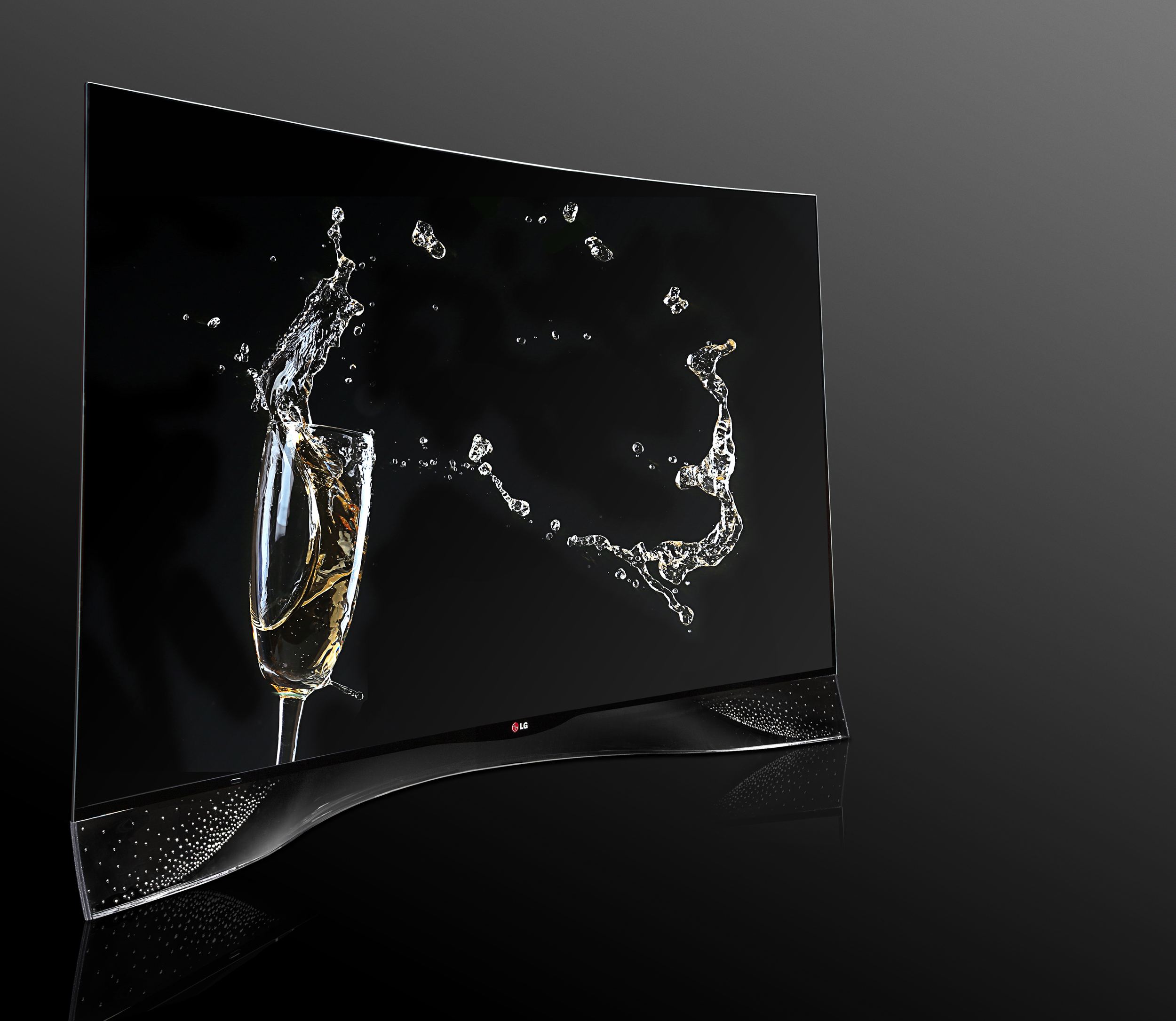 A left-side view of LG CURVED OLED TV displaying its pixel dimming technology featuring Swarovski Crystal Stand