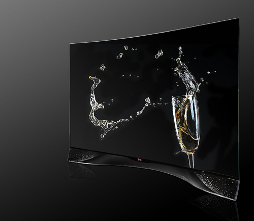 A right-side view of the LG CURVED OLED TV displaying its pixel dimming technology featuring Swarovski Crystal Stand.
