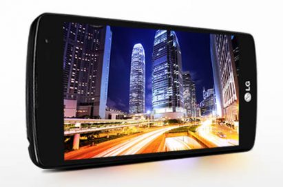 A side view of the LG F60 showing a night city skyline while on its side.