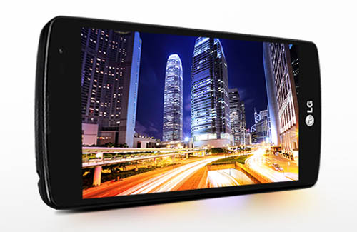 A side view of the LG F60 showing a night city skyline while on its side.