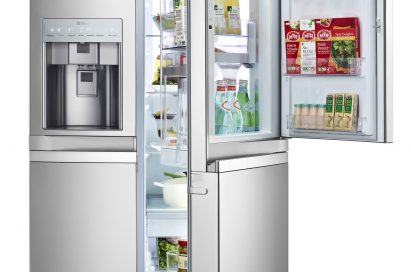 LG Multi-Door refrigerator with its right door including Door-in-Door part open. The refrigerator is filled up with various food such as beverages and fruits.