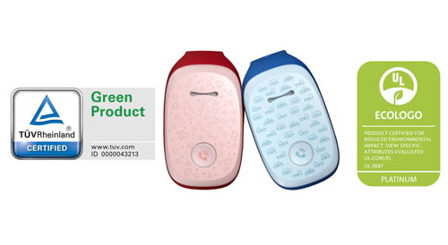 From left to right; The certificate of Green Product, two KizONs in pink and blue colors, the certificate of ECOLOGO.