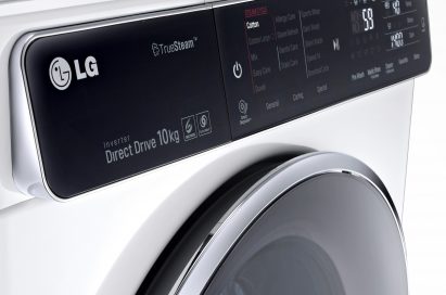 Close-up of the LG front-load washing machine’s (F14U1JBS2) front display which includes a control pad